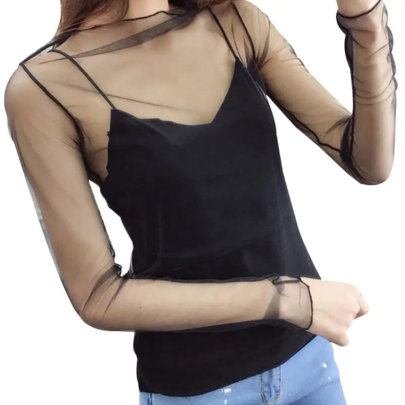 Прозрачная сетчатая Блузка с оборками облегающий пуловер ложным воротником