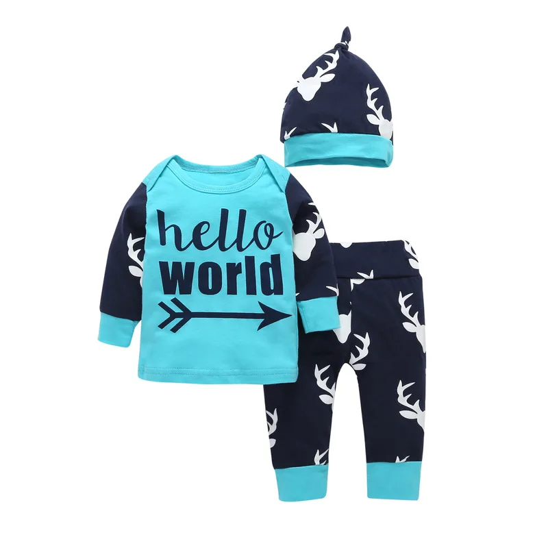 Newborn Baby Clothing Set Cotton Long Sleeve Hello World Tops+Deer Printed Pants Children Infant Boys Girls Clothes Outfits