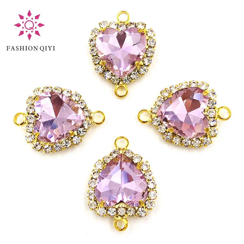 

HOT selling 12mm Pink heart shape gold base double loop Crystal button flatback Glass sew on rhinestones diy wedding decoration