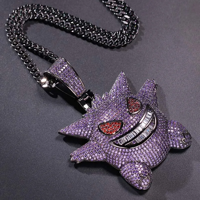 Новое поступление розовая большая маска покемона Gengar кулон ожерелье для мужчин хип хоп AAA CZ Циркон Bling Ice Out Rapper ювелирные изделия 2" кубинская цепь