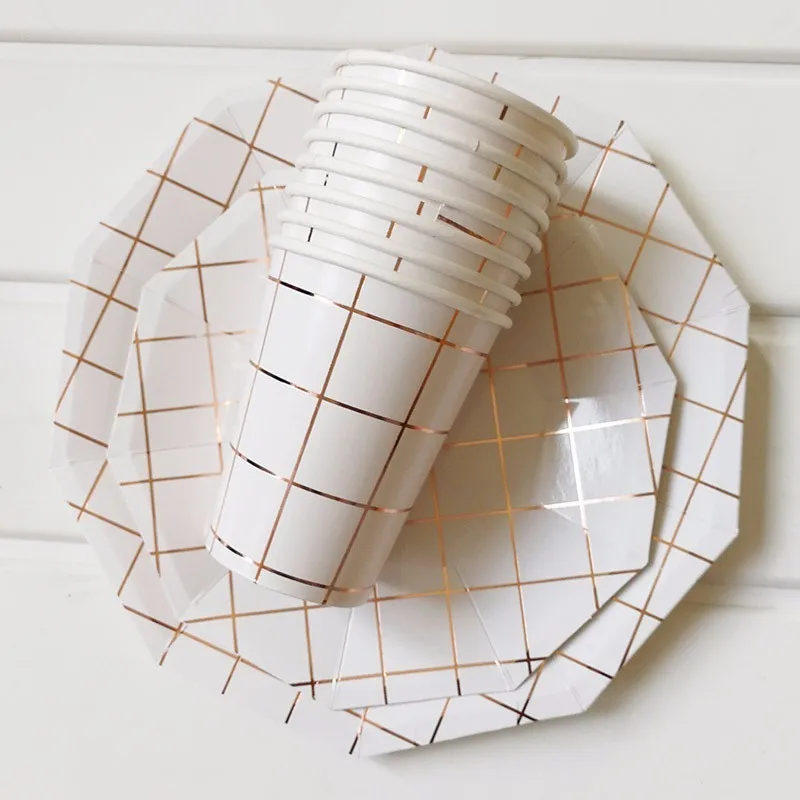 49 шт. Фольга бело-золотые сетки Бумага посуда соломинки плиты cups одноразовая