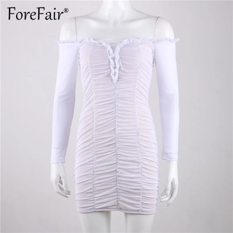 Forefair с открытыми плечами длинным рукавом Сетчатое платье пикантные для женщин