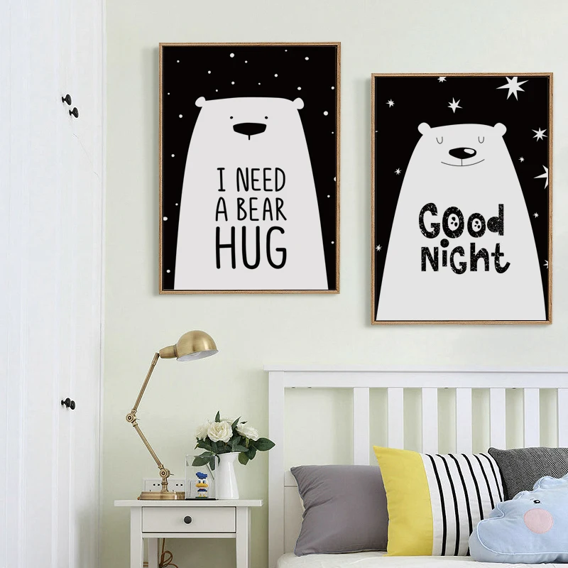 Черный и белый Медведь Goodnight A2 A3 A4 холст живопись художественный принт постер