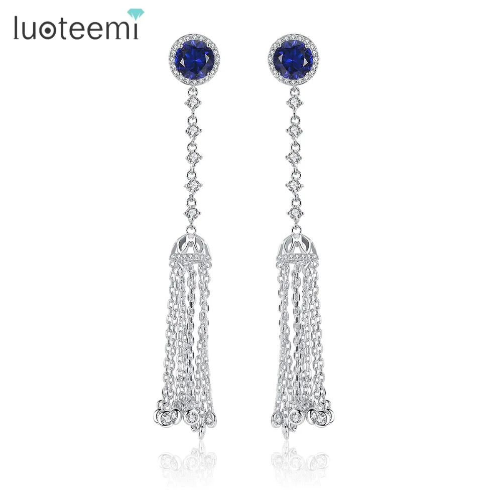 LUOTEEMI Long CZ Chain Tassel Drop Earrings For Women Blue Color Big Large Brinco Statement Bohemian Party Jewelry Colgantes|earrings for|earrings