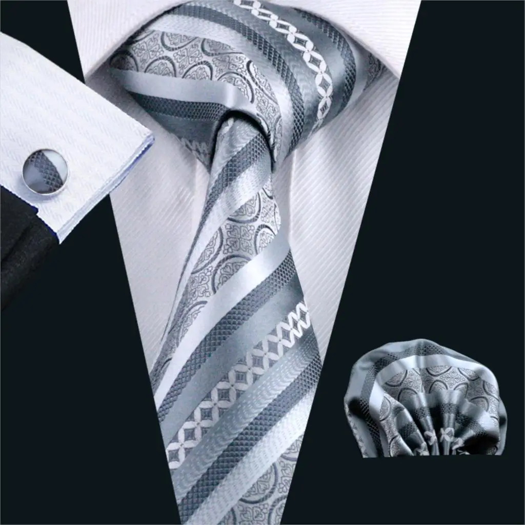 

FA-589 Mens Tie Gray Stripe Silk Jacquard Neck tie Tie Hanky Cufflinks Set Ties For Men Business Wedding Party Free Shipping