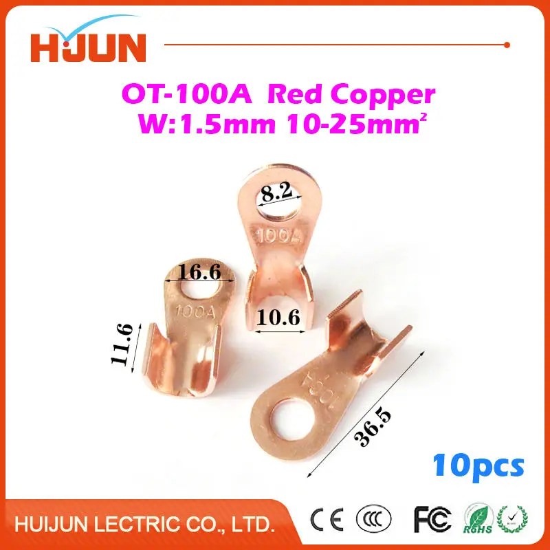 

10pcs/lot OT-100A 8.2mm Dia Red Copper Circular Splice Crimp Terminal Wire Naked Connector for 10-25 Square Cable