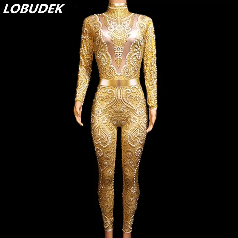Gold Silver Rhinestones Pearls Long Sleeve Jumpsuit Stretch Crystals Leotard Rompers Sexy Nightclub Singer Party Fashion Costume