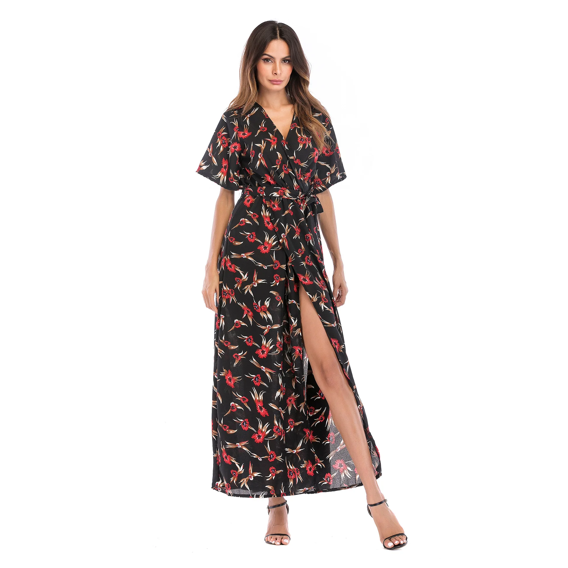 Summer Woman Maxi Dress V-neck Short Sleeve Beach Dresses Furcal A-line Long Casual Floral Printed Boho | Женская одежда