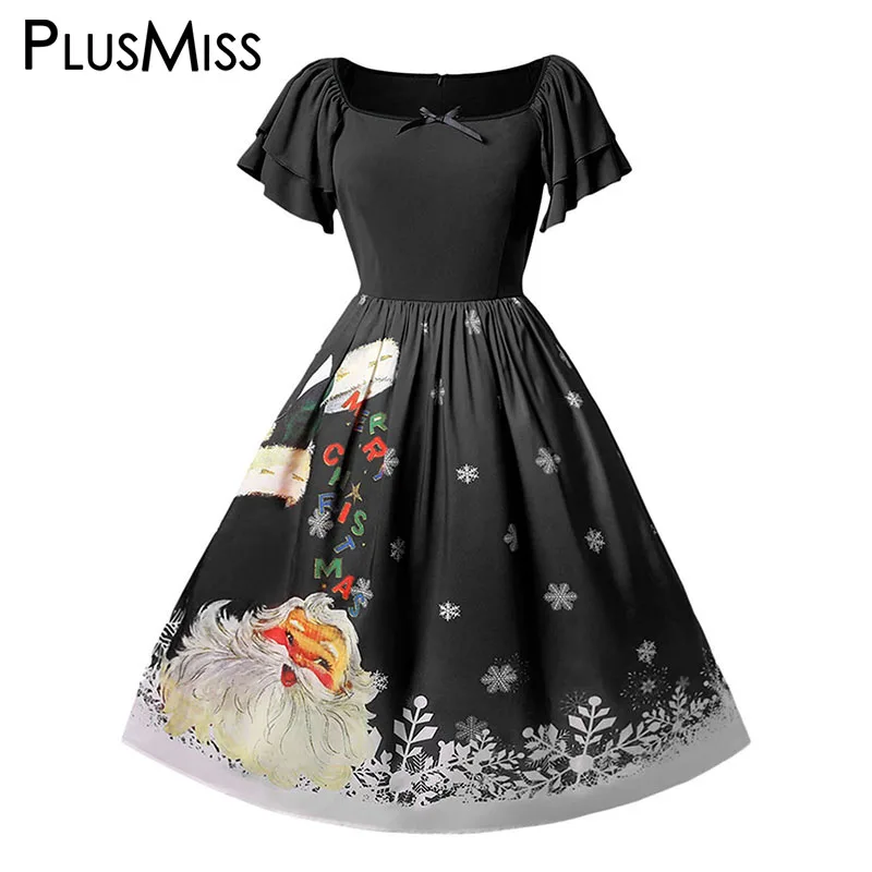 Черный PlusMiss размера плюс 5XL Винтаж Ретро праздничное платье на Рождество женские большие размеры XXXXL XXXL XXL платье миди с оборками Санта Клаус Платье с принтом - Цвет: Черный