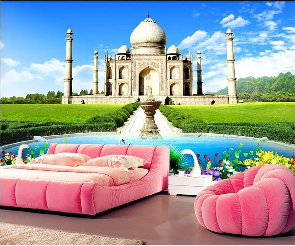 Пользовательские Настенные обои 3d Фото Обои номер Фреска Taj Mahal Лебедь озеро фото