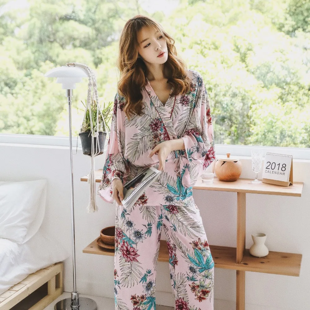 BZEL пижамы для женщин с длинным рукавом V ncek Pijama Feminino Топы + брюки одежда сна цветочное нижнее белье домашняя