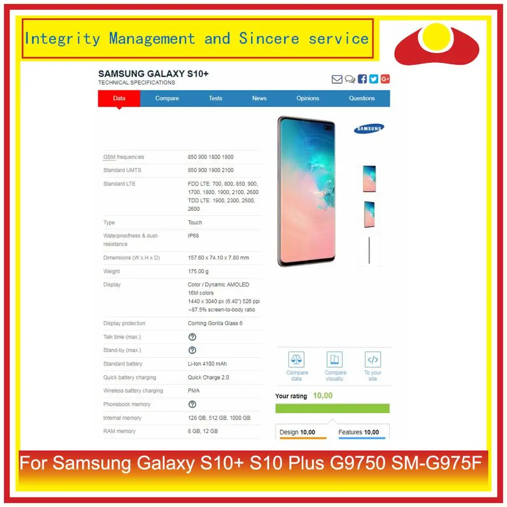 10 шт./партия для samsung Galaxy S10+ S10 Plus G9750 SM-G975F корпус батарея Дверь Задняя стеклянная крышка корпус замена корпуса