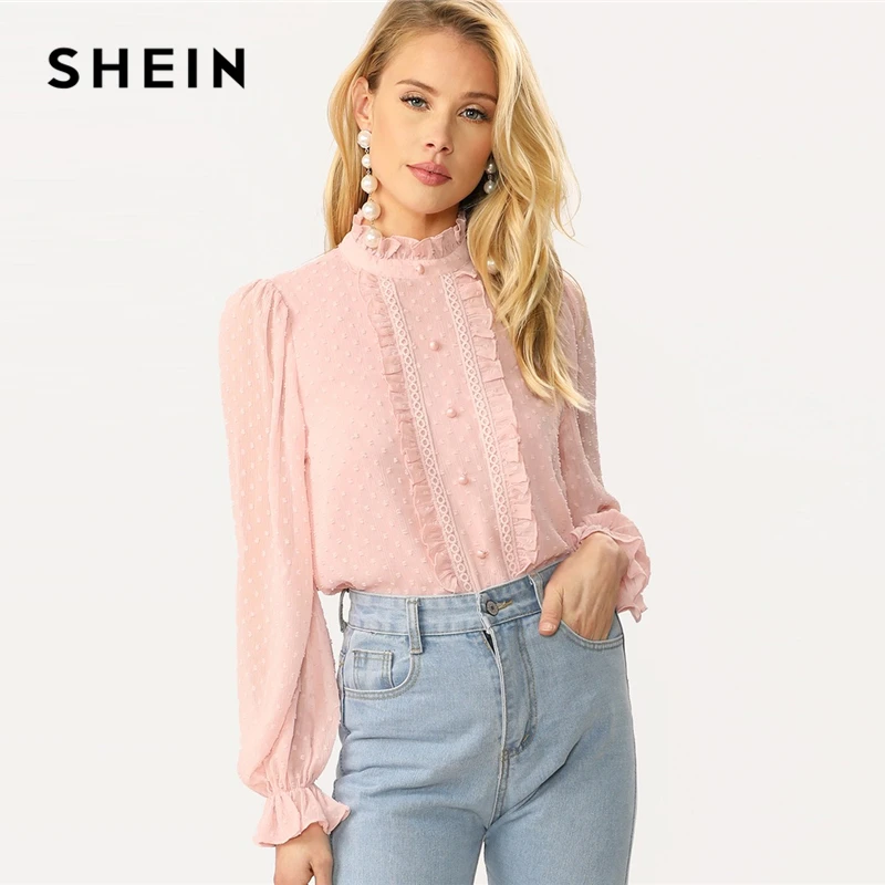SHEIN Блузка В Горошек С Пуговицами И Оборкой Женские Весенние Романтические Блузки С Воротником-Стойкой