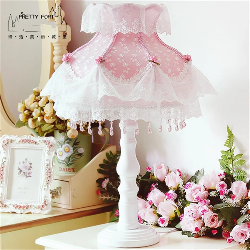 European Korean Pink Princess Table Lamps Lace Fabric Shade Bedroom Bedside Lamp Wedding Lights Home Study Deco Fixtures | Освещение