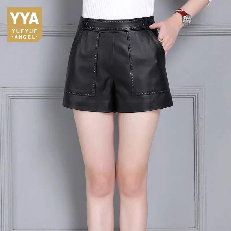 Женские шорты из натуральной овечьей кожи узкие брюки на молнии с широкими
