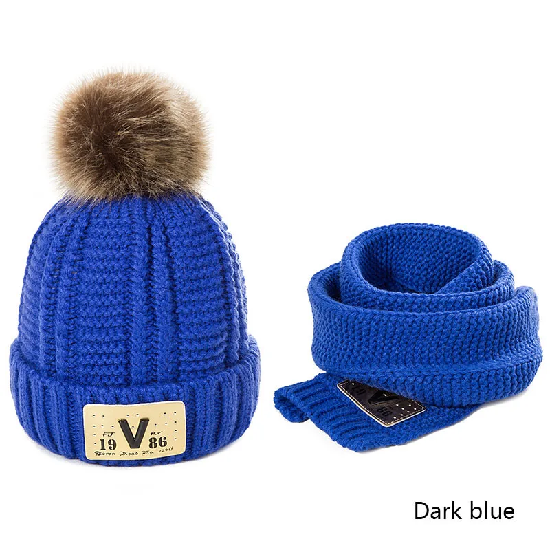 Dark blue REAKIDS/Новые Детские шапочки, зимняя шапка, шарф, комплект, теплая вязаная шапка для мальчиков и девочек, хлопковая детская шапка с шарфом, шапочки, шапка, шарф - Цвет: Dark blue