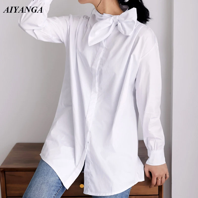 OL White Shirts For Women 2019 Spring Shirts For Office Lady Bow Medium Long Style Long Sleeve Blouse Female Casual Shirts