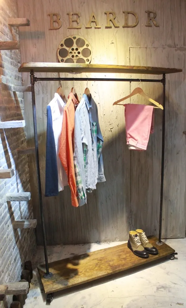 2 уровня коммерческие стеллажи для одежды промышленная труба вешалка деревянная