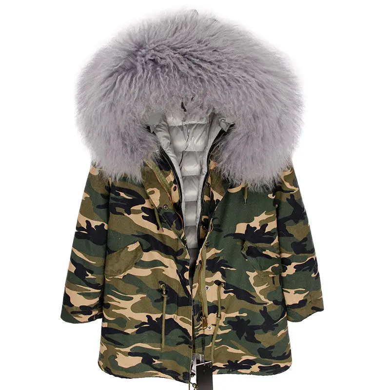 camo grey OFBUT, зимняя женская куртка, пальто с натуральным мехом, длинная парка, воротник из натурального меха монгольской овцы, гусиный пух, пальто, Толстая теплая уличная одежда - Цвет: camo grey