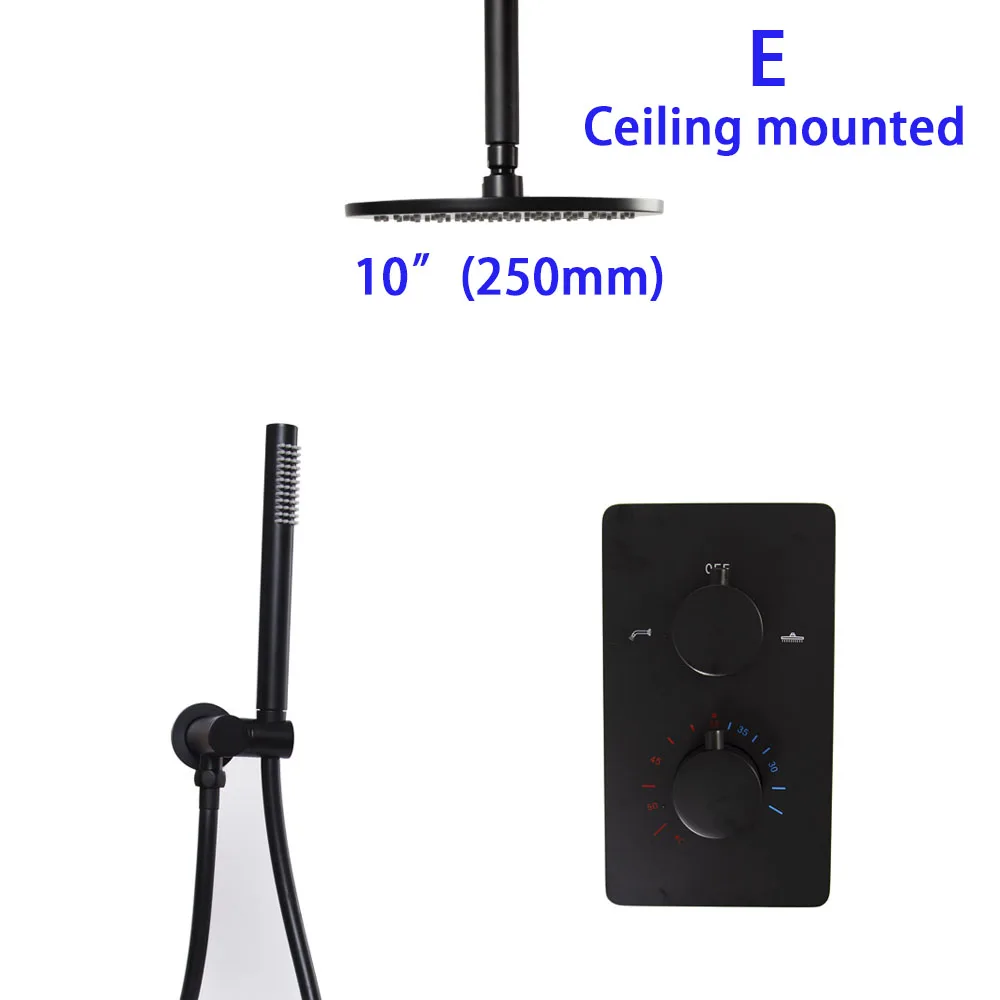 Ceiling mounted 10 Матовый черный Термостатический смеситель для ванной комнаты, латунный душевой набор для ванной, настенный и потолочный круглый дождевой душевой комплект - Цвет: Ceiling mounted 10