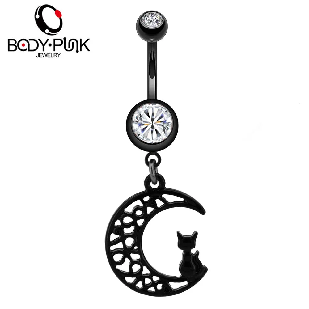 

Body Punk 14G Moon Cat Belly Button Rings 316L Surgical Steel Black Cute Dangle Navel Rings Piercing Jewelry for Women Ombligo
