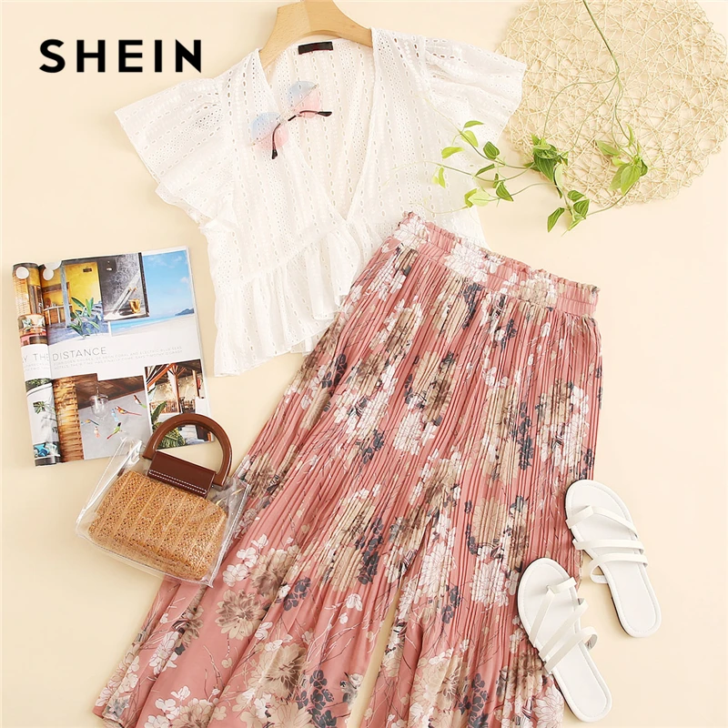 SHEIN Широкие Брюки Со Складками И Цветочным Принтом Женская Многоцветная Летняя Юбка С Эластичной Талией