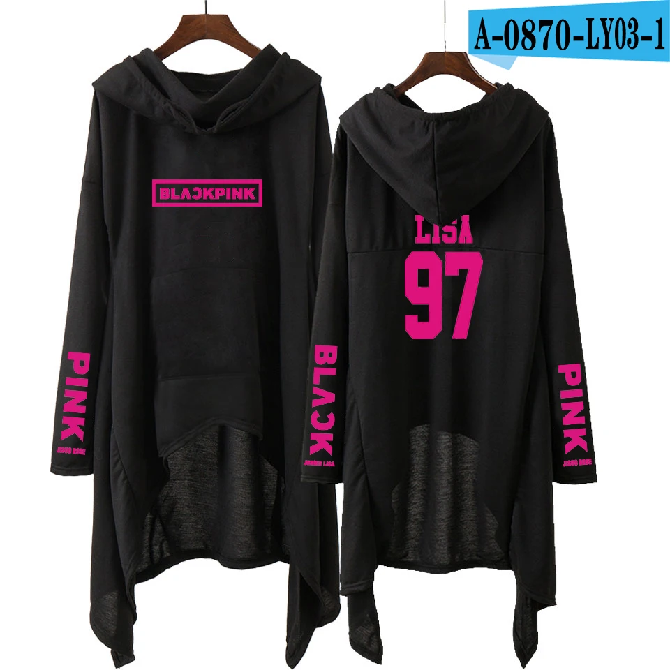 A0870-BLACK Kpop Blackpink Весенняя женская черная толстовка с капюшоном Длинная юбка черный розовый альбом с квадратным принтом Harajuku Толстовка Топы - Цвет: A0870-BLACK