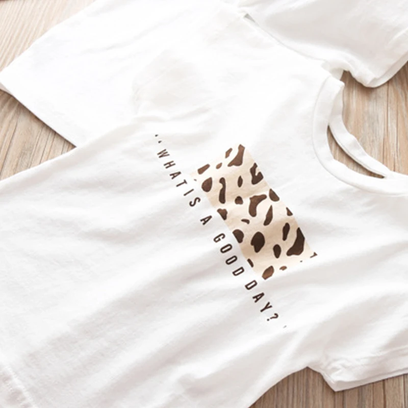 Girls Clothes Set Summer White Shirt with Chiffon Leopard Cake Skirt 2 Pieces Sets Little Kids Cotton Clothing Suit