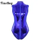 TiaoBug женское металлическое Лакированное кожаное прозрачное Сетчатое трико на молнии сексуальное боди танцевальный клубный костюм для выступления