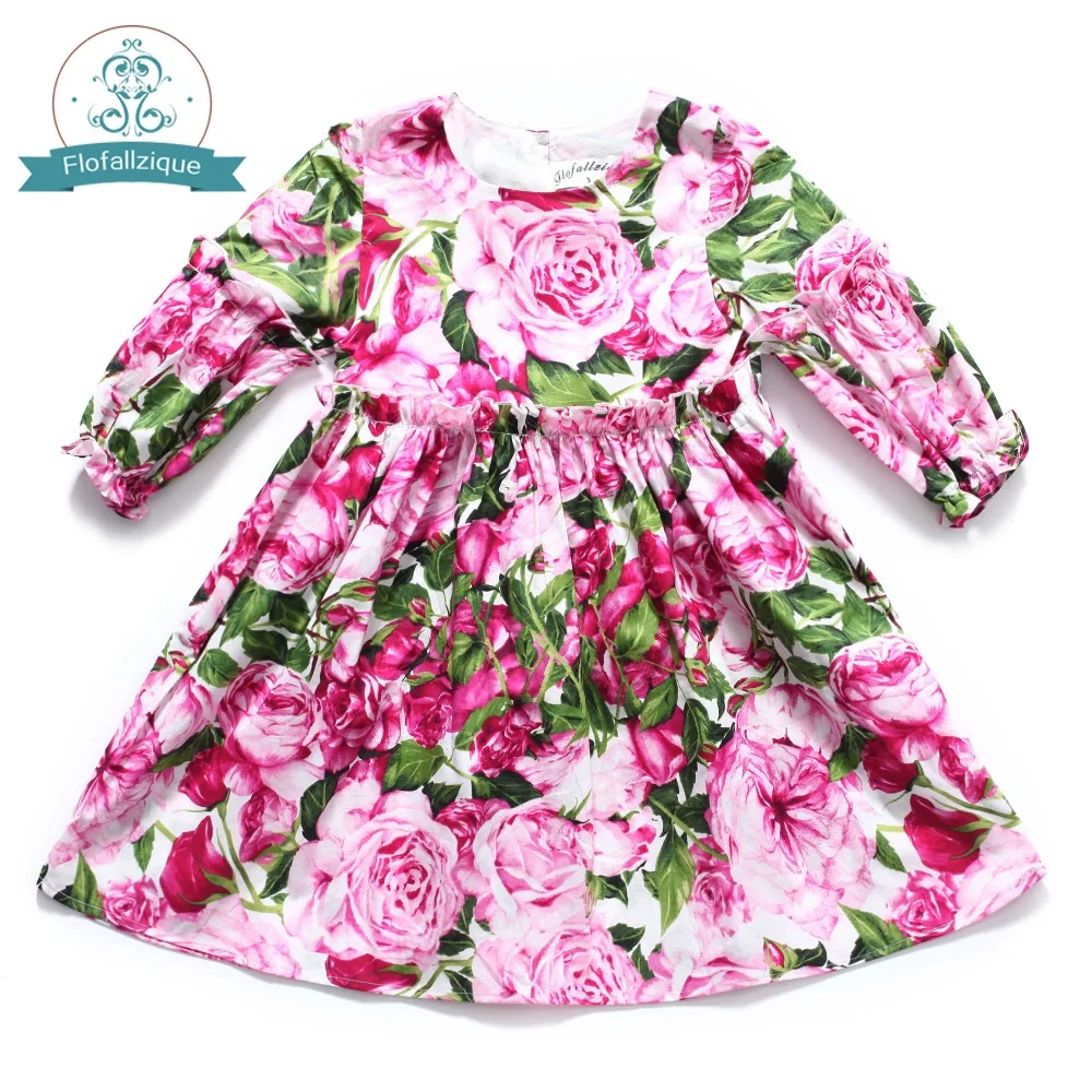 

Flofallzique Cotton Long Sleeve Printed Round Neck Lotus Leaf Cuffs Autumn Winter Girls Dresses 1-8 Years