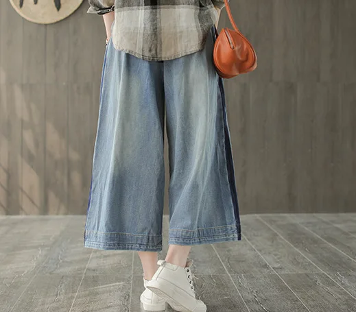 BUYKUD Women Elastic Waist Jeans Woman Boyfriend Wide Leg Side Striped 2019 Summer Hole Denim Mom Korean Pants |
