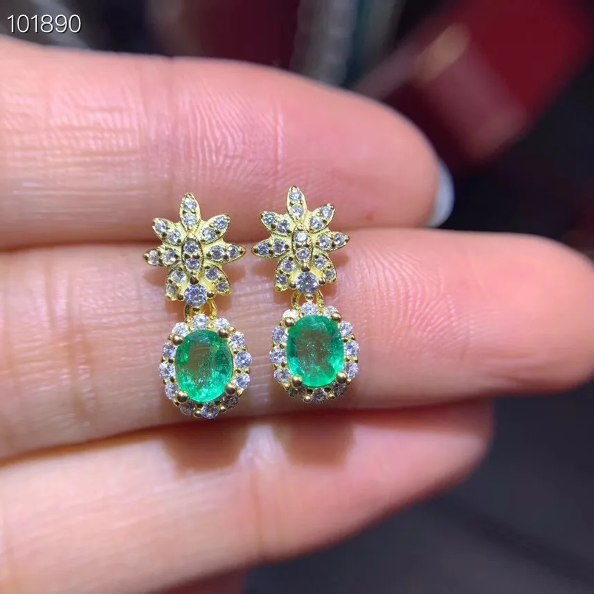 Серьги с натуральным зеленым изумрудом красивые серебряные украшения подарок на