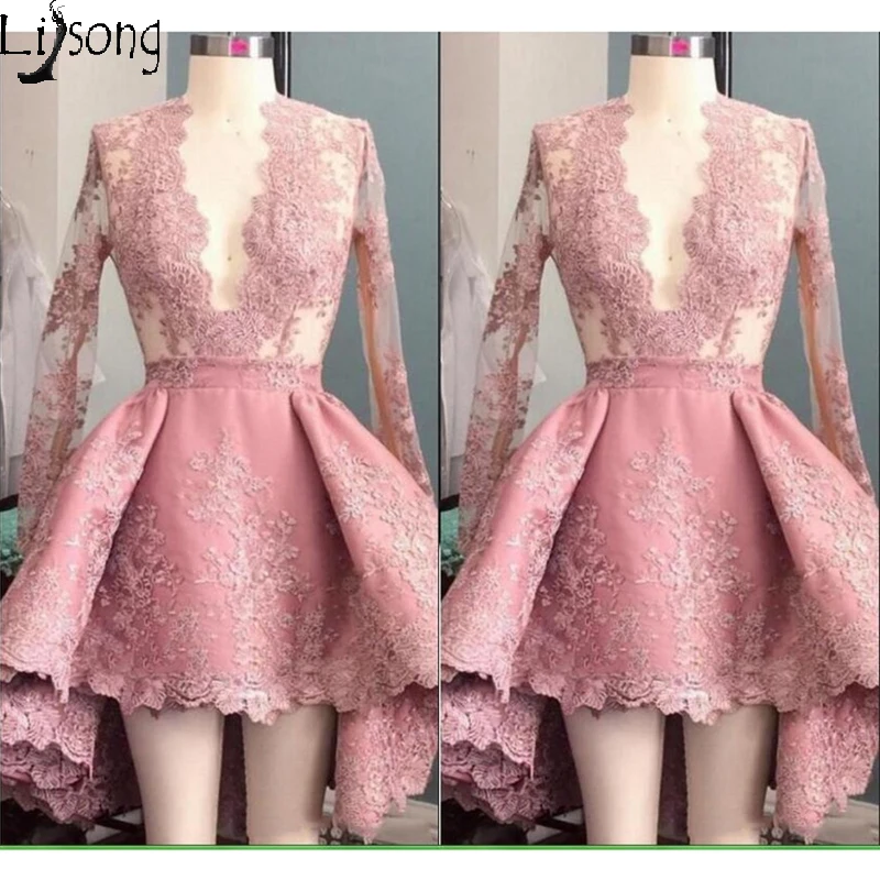 

Hot Dusty Pink Prom Dress Mini Hi-low Full Sleeves Womens Special Occasion Party Dress Short Gowns Custom Made Lace A-line Dress