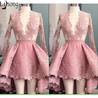 hot dusty pink prom dress mini hi low full sleeves womens special occasion party dress short gowns custom made lace a line dress