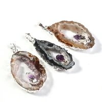 100 unique 1 pcs silver plated irregular shape geode agates with purple amethysts quartz pendant fashion jewelry