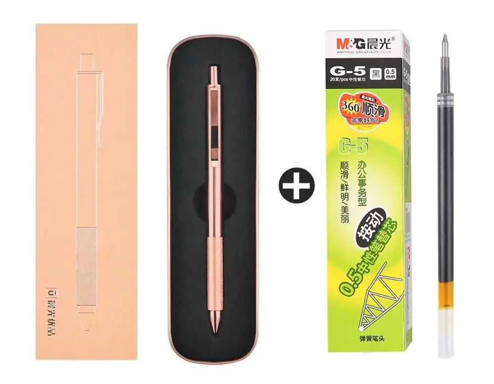 21 Rose Golden Click M& G розовая Золотая роскошная ручка, Подарочная Роскошная металлическая ручка, 0,5 мм, нержавеющая сталь, stylo bille de Lux, черные гелевые чернила, ручки с набором коробок - Цвет: 21 Rose Golden Click