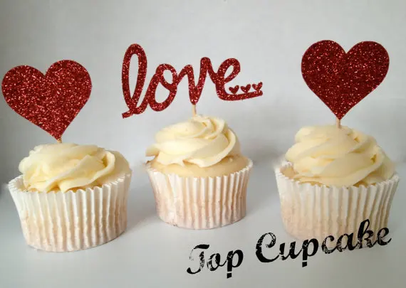 

glitter Love Red Cupcake Toppers Party Supplies- Birthday Party Decor food picks wedding bridal baby shower cake decorations