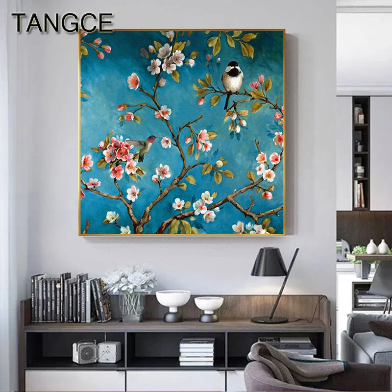 

American Lucky Flower Bird Canvas Painting Green Poster n Print Abstract Art Wall Picture for Living Room Plant Decoration Home