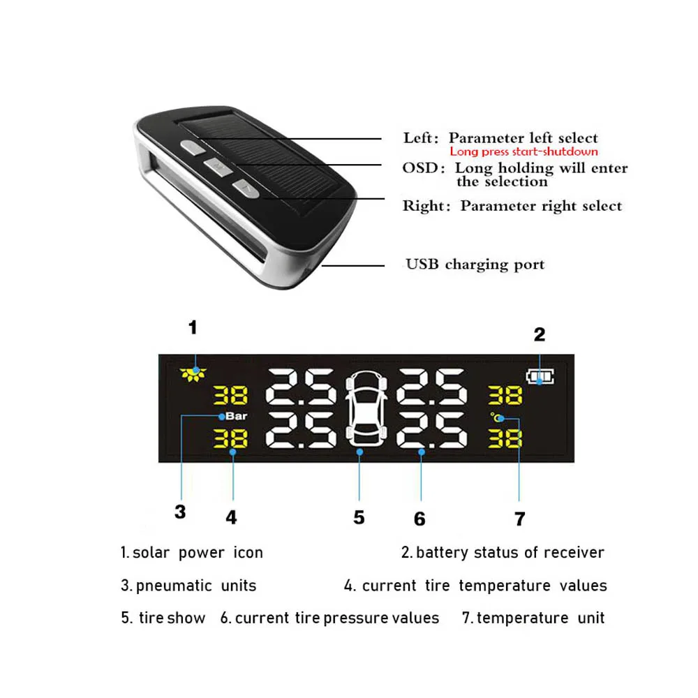 ЖК цифровой дисплей TPMS Автомобильная солнечная энергия Система мониторинга