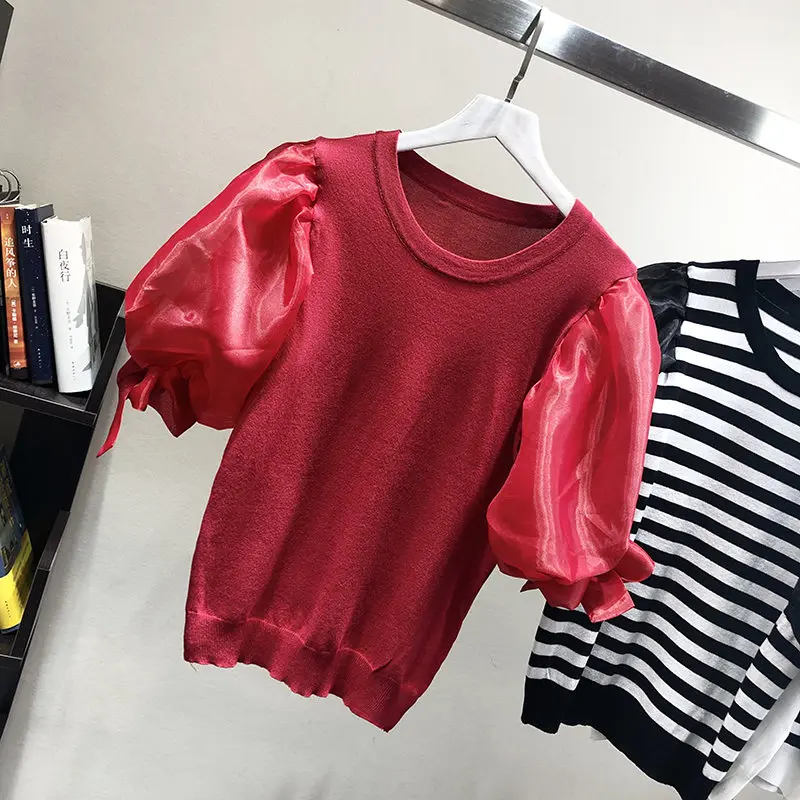 red LUOSHA, женские летние тонкие трикотажные топы с короткими рукавами в полоску из органзы с рукавом-фонариком и бантом, женские модные летние топы - Цвет: red