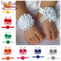 nishine 3pcsset cute girls newborn flower headband with ribbon flower barefoot sandal shoes set children accessories photoshoot
