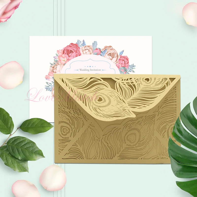 5 шт. лазерная резка для свадьбы приглашения карты рисунок в виде Павлиньего пера