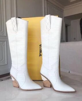 white long BuonoScarpe/ботинки в ковбойском стиле из крокодиловой кожи; Botas Mujer; ковбойские ботинки для женщин; дизайнерские ботинки до середины икры на массивной танкетке; - Цвет: white long
