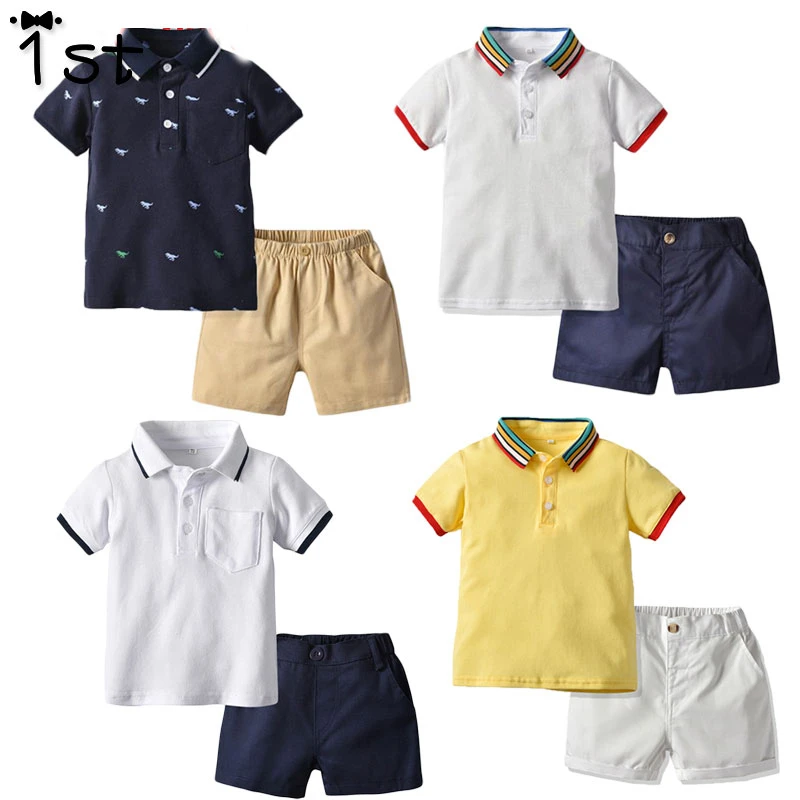 1ST 2019 New Boy Clothes Suit Short-sleeved Polo Shirt Shorts 2 Piece Set Children's Gentleman Casual Glasses Bag |
