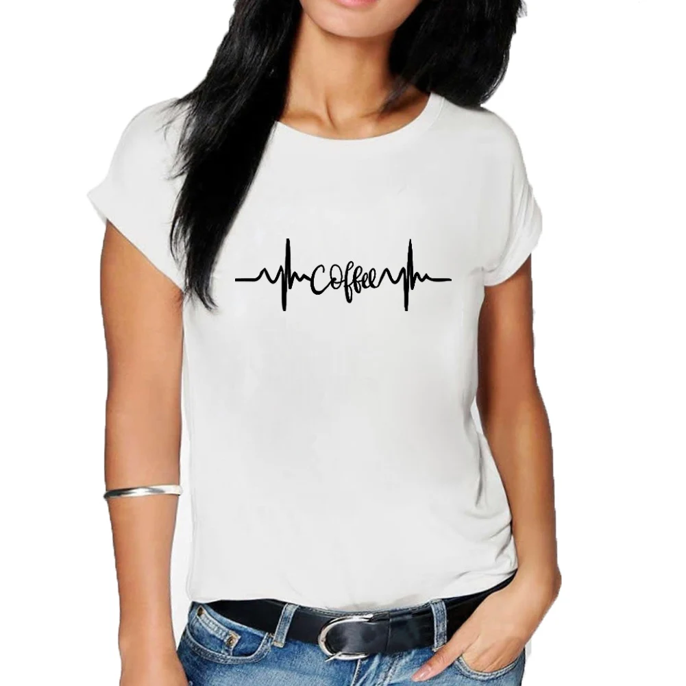 

Heartbeat Coffee Graphic Tee Shirt Femme Summer O-neck Short Sleeve Cotton Tshirt Women Top Loose Casual T-shirt Women