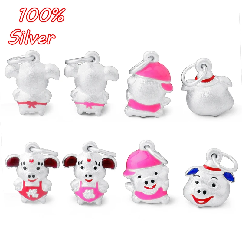 

S925 Sterling Silver Color Bell Pig Pendant DIY Beaded Accessories Pendant Epoxy Color Cute Pig Pendant