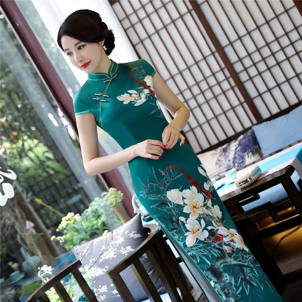 Шанхай история искусственного шелка Qipao Платье длинное Cheongsam национальный тренд платья короткий рукав тонкий Традиционный китайский платье для женщин