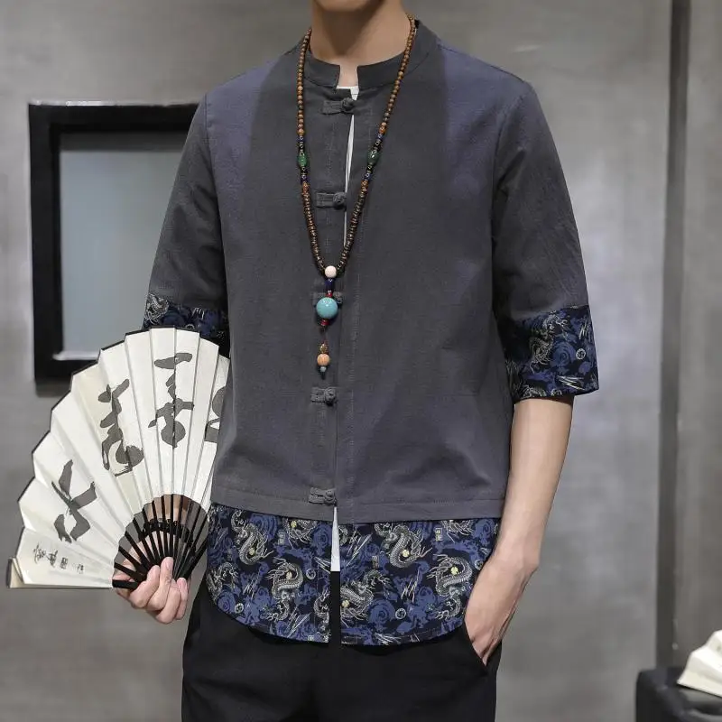 Chinese Dragon Printed Mandarin Collar Linen Shirt Plus Size 5XL Half Sleeve Single Breasted Vintage Summer Blouse Men XXXXXL