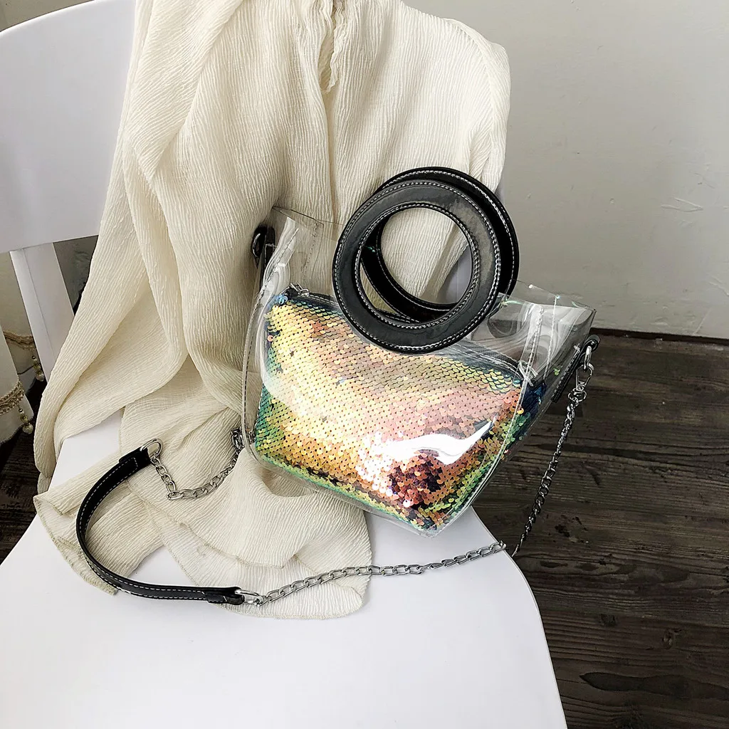 Модная женская прозрачная кожаная сумка-мессенджер с разноцветными блестками