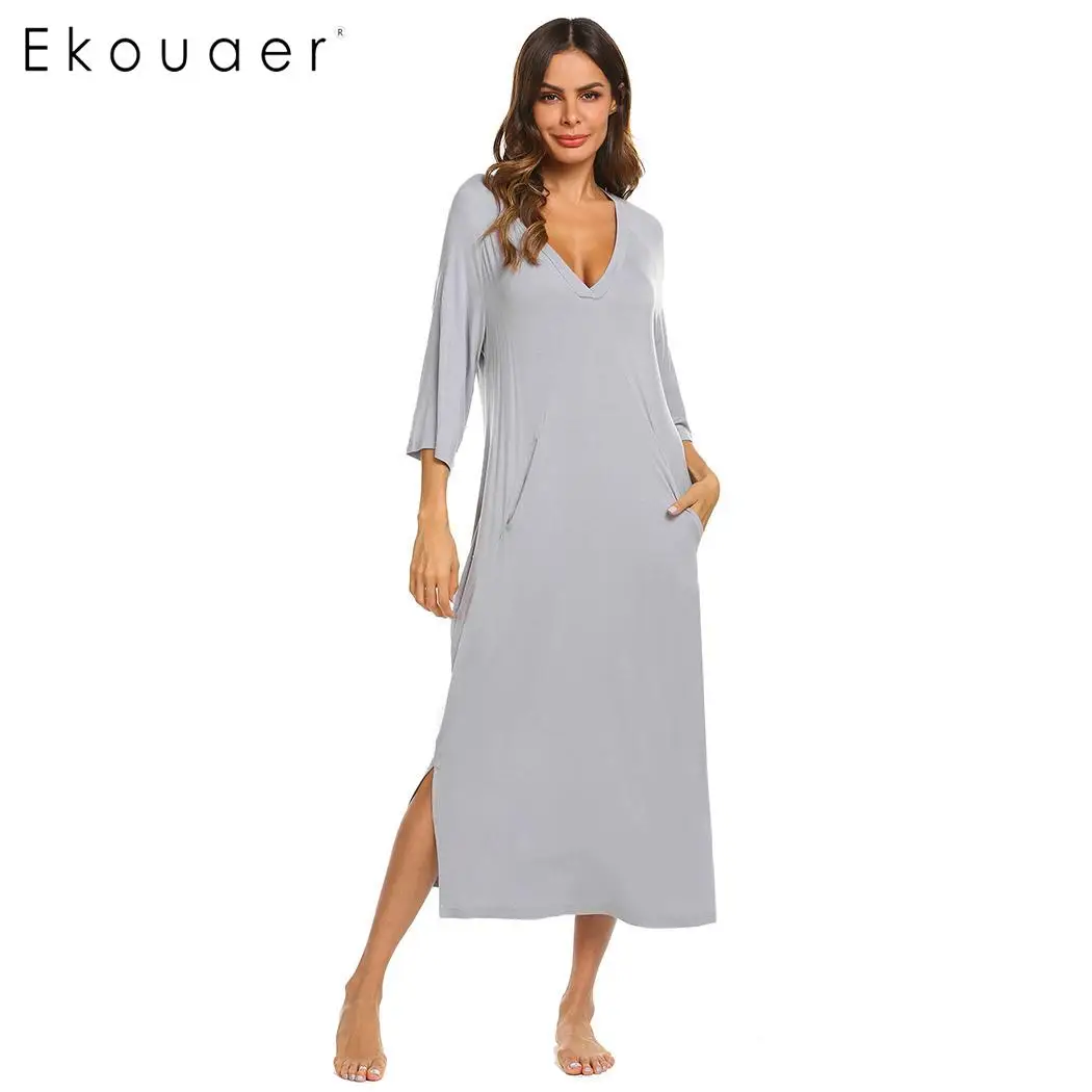 Ekouaer Women Long Sleep Dress Nightdress V-Neck 3/4 Sleeve Solid Pocket Nightgown Lady Loose Sleepshirts Nightwear Plus Size | Женская